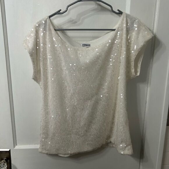 Express White Sequin Flutter Sleeve Blouse - Picture 1 of 3